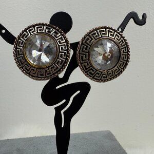 Vintage Greek Key & Glass Rhinestone Gold Tone Clip-on Earrings 1"